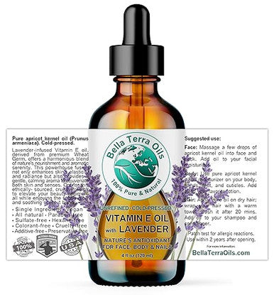 Bella Terra Oils - Lavender Infused Organic Vitamin E Oil 4 Oz - D-Alpha Tocopherol Powerhouse Extracted From Organic Wheat Germ Lavishly Nourishing Organic Vitamin E For Luxurious Skin