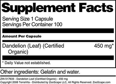 Terravita Dandelion Leaf (Certified Organic) - 450 Mg (100 Capsules, Zin: 517633) - 2 Pack