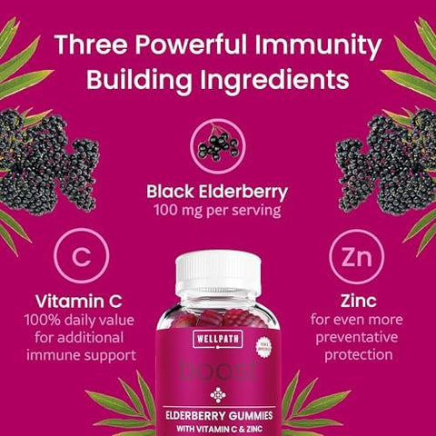 Wellpath Immune & Detox Duo Boost + Chlorophyll 3-In-1 Vitamin C Zinc & Sambucus Gummies (60 Ct) + High-Potency Liquid Chlorophyll Drops (2 Fl Oz) Vegan Non-Gmo