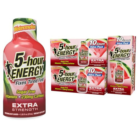 5Hour Energy Extra Strength Energy Shot Watermelon Flavor 1.93 Oz. 30 Count Zero Calories & Sugar 230 Mg Caffeinated Energy Shot Amino Acids & B Vitamins Dietary Supplements