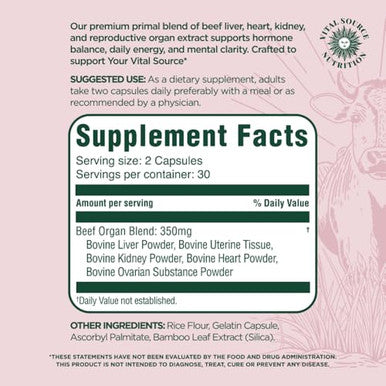 Vital Source Nutrition - Bifi Capsules - Beef Organ Primal Blend - Premium Ancestral Supplements For Women - Supports Hormone Health Energy & Stamina - Daily Vitality - No Artificial Ingredients