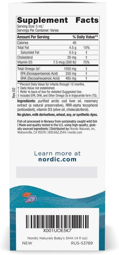 Nordic Naturals Baby's DHA, Unflavored - 4 oz - 1050 mg Omega-3 + 300 IU Vitamin D3 - Supports Brain, Vision & Nervous System Development in Babies - Non-GMO - Servings