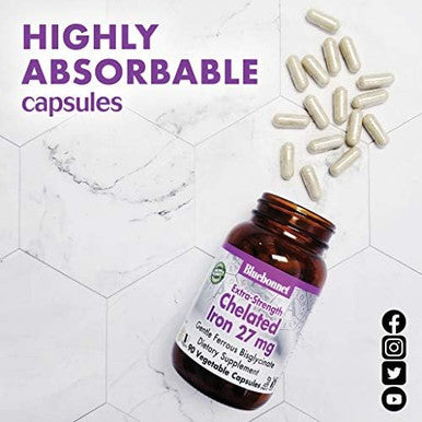 Bluebonnet Nutrition Albion Extrastrength Chelated Iron 27 Mg For Healthy Red Blood Cell Production Soy Gluten Nongmo Kosher Dairy Vegan 90 Vegetable Capsule 90 Serving