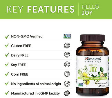 Himalaya Hello Joy With Ashwagandha For Improving Mood And Spirits & Himalaya Hello Alert Mind With Bacopa For Energy Focus & Attention Herbal Supplement 60 Capsules Each