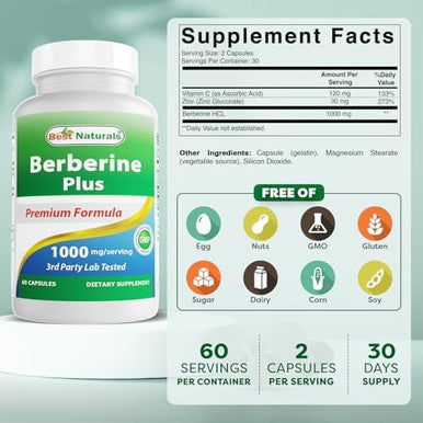 Best Naturals Berberine Plus 1000Mg Per Serving (Nongmo) 60 Capsules Contains Berberine Hcl 1000Mg Vitamin C 120Mg & Zinc Gluconate 30 Mg