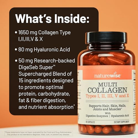 Naturewise Multi Collagen Peptides Pills For Women & Men - Type I Ii Iii V X W/Hyaluronic Acid - Supports Skin Hair Joint Health - Grass Fed Gluten Free Non-Gmo - 90 Capsules 30 Day Supply