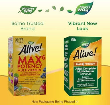 Nature'S Way Alive Max6 Potency Adult Complete Multivitamin, With Iron, Vitamins A, C, E & B-Vitamins Including Methylated B12 & Folate, Supports Energy Metabolism, 90 Capsules (Packaging May Vary)