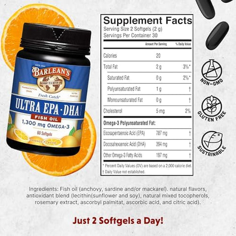 Barlean'S Omega 3 Fish Oil Supplements Supplement Softgels For Men And Women 1300 Mg Ultra Epa And Dha Fatty Acids Orange Flavored 60 Count