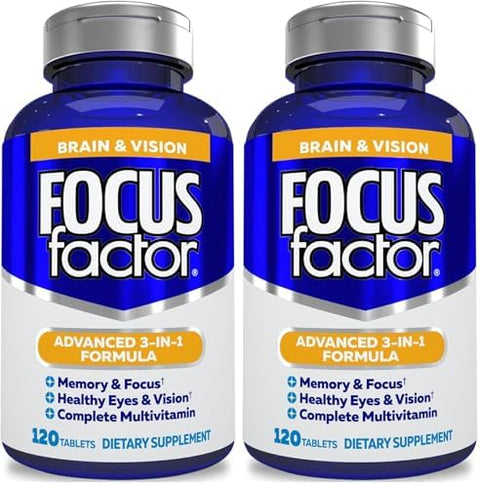 Focus Factor Adults Brain And Vision Supplement 120 Count Eye Vitamin Mineral Supplement & Complete Multivitamin W/Lutein & Zeaxanthin " Brain Supplement For Focus Concentration Memory