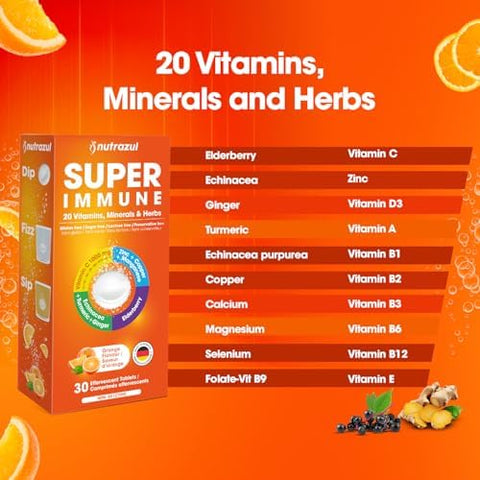 Nutrazul Super Immune 30 Effervescent Tablets 20 Vitamins & Minerals Herbal Extracts To Support Daily Routine Vitamin C Zinc Elderberry & Ecea Gluten Sugar Orange Flavor