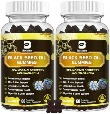 Black Seed Oil & Sea Moss Gummies, Organic Irish Sea Moss Gummies With Ashwagandha, Black Seed Oil, Elderberry, Turmeric, Vitamin D3/C And Zinc - Immune Support, Joints, Digestion, Hair & Skin