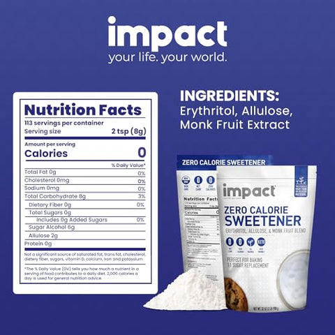 Impact Allulose, White Monk Fruit & Erythritol Sweetener Blend - Gluten Free, Zero Calories, Keto, Vegan, Non-GMO - 1 is to 1 Sugar Substitute - 2lbs
