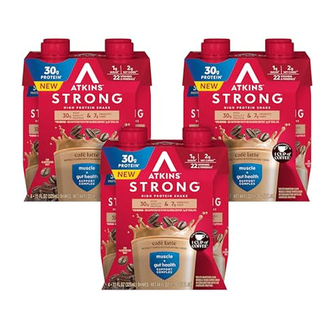 Atkins Strong High Protein Shake Milk Chocolate 30G Protein 7G Prebiotic Fiber Muscle & Gut Health Support Complex 12 Count