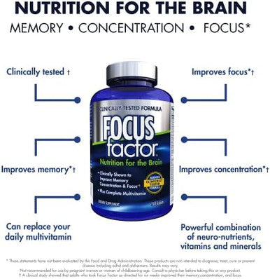 Focus Factor Brain Supplement Multivitamin Improve Memory And Clarity Boost Concentration Neuro Energy Learning Reasoning For Men And Women 180 Tablets
