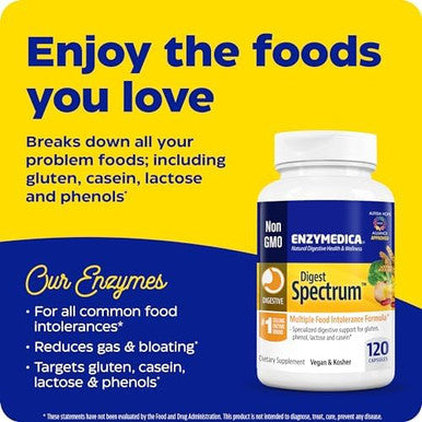 Enzymedica Digest Spectrum Digestive Enzymes For Multiple Food Intolerances Fastacting Gas & Bloating Relief 120 Capsules Ffp