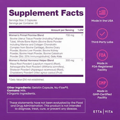 Etta Vita Primal Beef Organ Supplement For Women (Made In Usa) Boosted W Shatavari Maca Ashwagandha And Chasteberry - Grass Fed Uterus Ovary Liver Kidney Heart Bone Matrix Gotu Kola And Queen Colostrum
