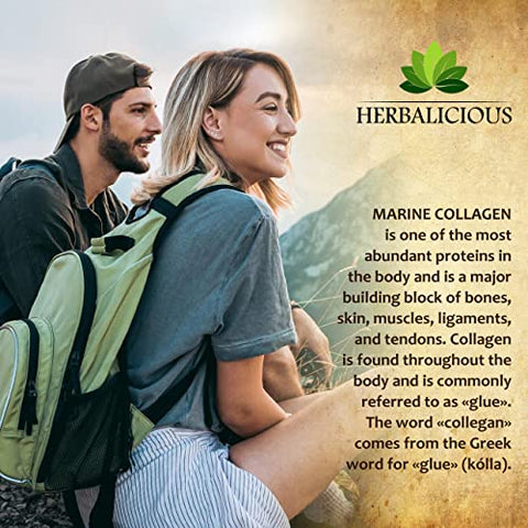 Herbalicious Marine Collagen Capsules - Non Gmo Gluten-Free Hydrolyzed Fish Collagen Supplements For Radiant Skin Hair Nails Joints & Bones - Made In Usa - 120 Capsules 30 Days Supply