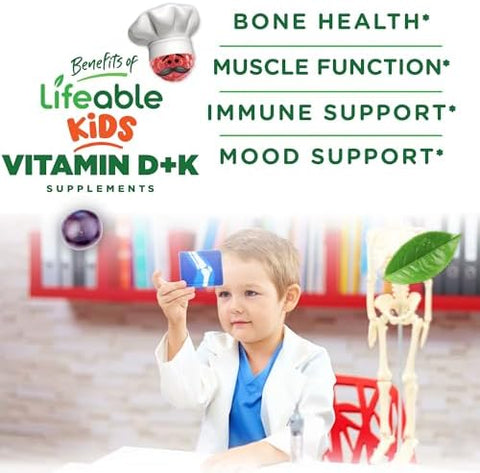Lifeable Kids Vitamin D3 K2 Gummies 500iu D3 and K2 100mcg Great Tasting D3 and K2 Supplements for Bone Health and Immunity VIT D3 K2 for Kids 60 Gummies