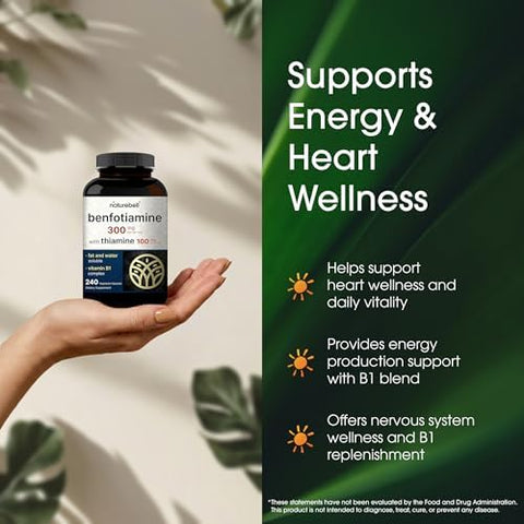 NatureBell Benfotiamine with Thiamine 240 Vegetarian Capsules 300mg Benfotiamine and 100mg Thiamine for Heart Health Energy Production and Nervous System Support* Vitamin B1 Complex