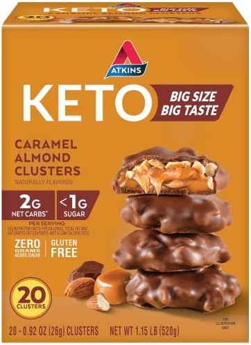 Atkins Caramel Almond Clusters Gluten High In Fiber 1G Sugar 2G Net Carb Keto Friendly 20 Count & Caramel Chocolate Nut Roll Snack Bar Protein Snack High In Fiber 2G Sugar 16 Count
