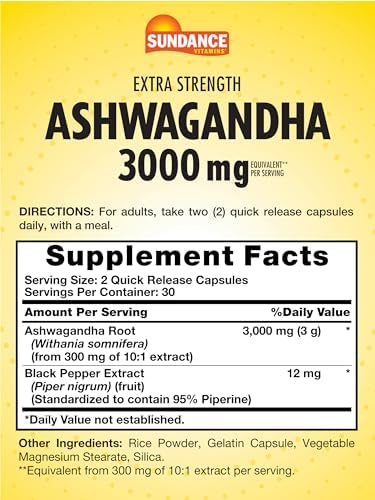 Sundance Ashwagandha Capsules 3000Mg 60 Count Extra Strength Formula With Black Pepper Extract Nongmo And Gluten Supplement