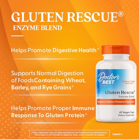 Doctor'S Best Gluten Rescue - Digestive Enzymes Capsules For Women & Men Protease Enzyme Blend Digestive Health Supplement Supports Digestion Of Foods W/Wheat Barley & Rye 60 Ct Veg Caps