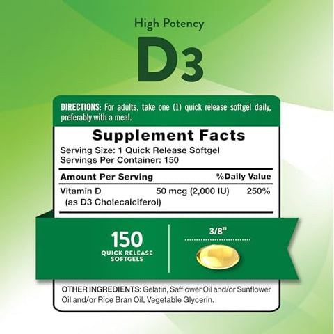 Nature's Truth Vitamin D3 2000 IU Softgels for Adults 150 Count High Potency NonGMO and Gluten Free Supplement High Potency NonGMO and Gluten Free Supplement