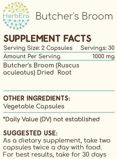 HerbEra Butcher's Broom 60 Capsules, 500 mg, Made with Butcher's Broom (Ruscus aculeatus) Dried Root (60 Capsules)