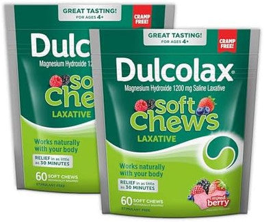Dulcolax Soft Chews Saline Laxative Mixed Berry (60Ct) Gentle Constipation Relief Magnesium Hydroxide 1200Mg (Pack Of 2)