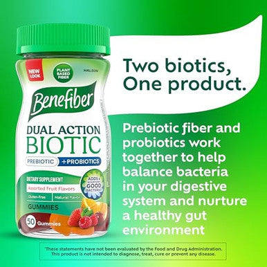 Benefiber Prebiotic Fiber Supplement Gummies With Probiotics For Digestive Health, Assorted Fruit Flavors - 50 Count