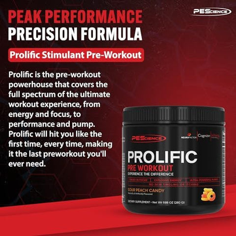 Pescience Pre Workout Stack â€“ Prolific & High Volume Sour Peach Candy Nitric Oxide Booster â€“ 40 & 36 Scoops L Arginine Nitrate L Citrulline Pre Workout Powder For Men & Women