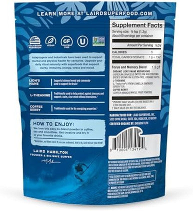 Laird Superfood Organic Focus And Memory Mushroom Blend With Lion'S Mane Ltheanine And Coffee Berry 3.17 Oz. Bag Pack Of 1