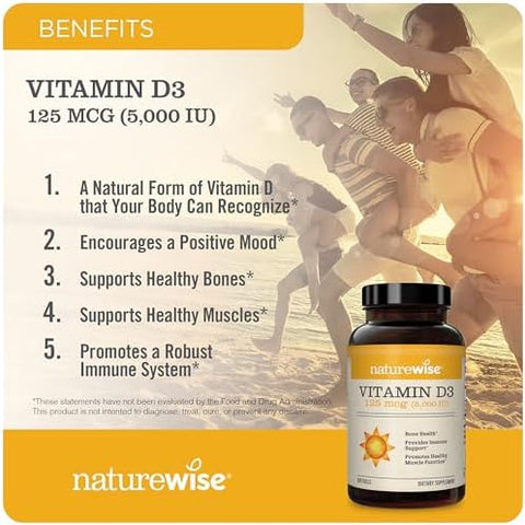 NatureWise Vitamin D3 5000IU (125mg) 360 Count + Vitamin C 1000mg Capsules 120 Count Bundle for Daily Immune and Heart Health Gluten Free NonGMO Halal Gelatin