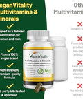 Vegan Vitality Multivitamins and Minerals for Women and Men with High Strength Vitamin B12 D3 and K2. 180 Vegan Multivitamin Tablets 6 Months Supply. Vitamins for Vegans. Women Multivitamin