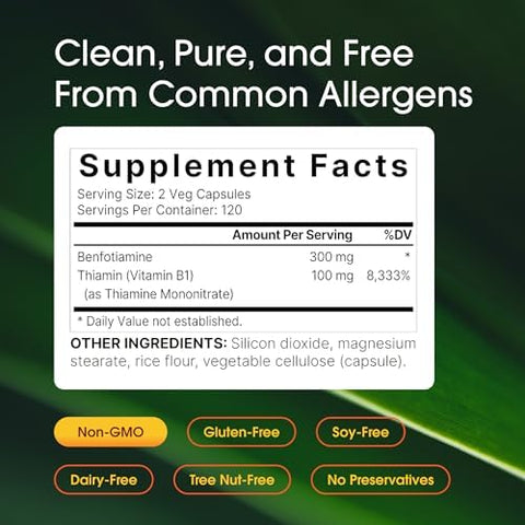 NatureBell Benfotiamine with Thiamine 240 Vegetarian Capsules 300mg Benfotiamine and 100mg Thiamine for Heart Health Energy Production and Nervous System Support* Vitamin B1 Complex
