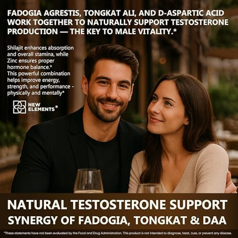 Elements Natural Testosterone Booster Supplement For Men Test Booster With Tongkat Ali Fadogia Agrestis Shilajit Ashwagandha Ginseng Tribulus Boron Daa L-Citrulline D3 K2 Zinc & Magnesium
