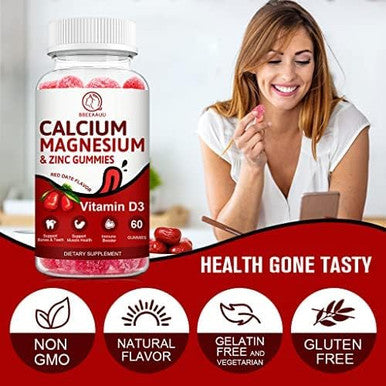 Calcium, Magnesium, Zinc & Vitamin D Gummies - 2 Pack Vitamins For Women, Men & Kids Calcium Supplements For Strong Healthy Bones, Zinc Gummies, Gluten-Free, Vegan - 120 Count