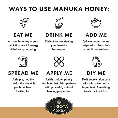 BIOSOTA Organic Manuka Honey MGO 550+ - Medical Grade Manuka Honey from Australia NPA/ULF 15+, 100% Raw Unheated Pure Honey, 8.8oz (550+) (MGO 550+)