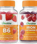 Lifeable Vitamin B6 + Iron With Vitamin C Gummies Bundle Great Tasting Vitamin Supplement Gluten Gmo Chewable