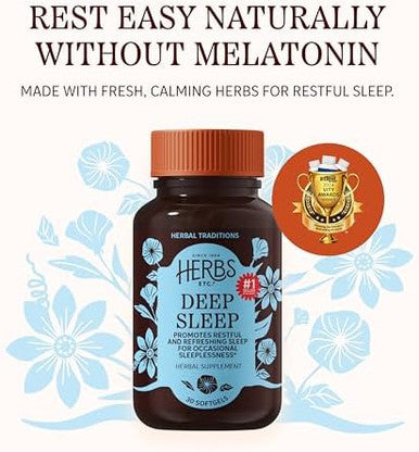 Herbs Etc. Deep Sleep Softgels Holistic Bedtime Supplement for Calming Sleep Aid Chamomile Lemon Balm Extract & Passionflower