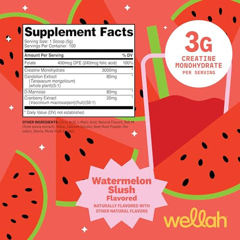 Wellah Creatine For Women (100 Servings Watermelon Slush) - Creatine Monohydrate With Dandelion & Cranberry Extract