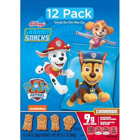 Kellogg's PAW Patrol Graham Snacks, Kids Snacks, Whole Grain, Cinnamon, 12.7oz Box (12 Pouches)