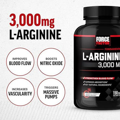 Force Factor Larginine Nitric Oxide Supplement With Bioperine To Help Build Muscle And Support Stronger Blood Flow Circulation Nutrient Delivery And Pumps Larginine 3000Mg 3G 150 Capsules