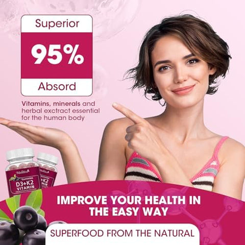 Vitamin D3 10000 IU + K2 (MK7) 200mcg w/Calcium Magnesium Zinc Elderberry and InulinHighly BioavailableEnhanced Absorption for Immune and Bone Support K2 D3 Vitamin SupplementVegan Gummies