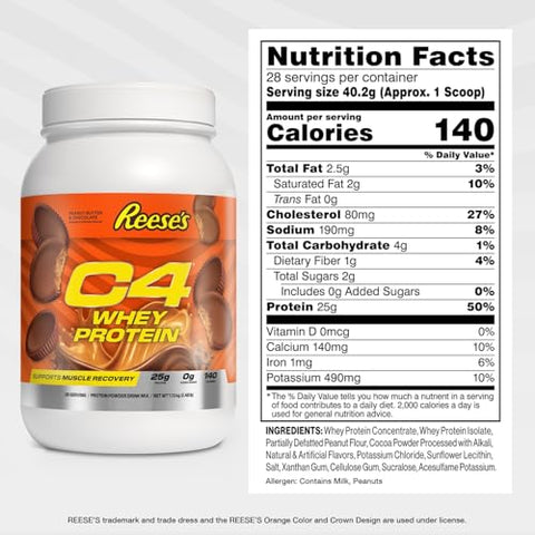 C4 Whey Protein Powder Reese'S Peanut Butter & Chocolate - 25G Protein 0G Added Sugar 140 Calories Per Serving Supports Muscle Recovery 28 Servings Premium Whey For Post-Workout