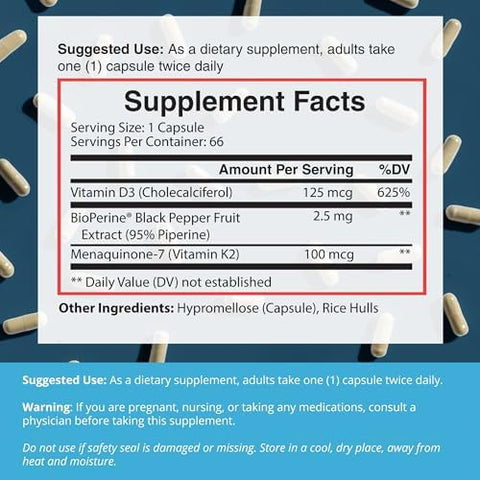 Dr. Boz K2+D3 Capsules 66 Servings Vitamin D3 K2 Supplement with BioPerine Bone and Heart Health Enhanced Absorption Quality Tested Made in the USA 5000iu (D3) 4000iu (K2) Self Care