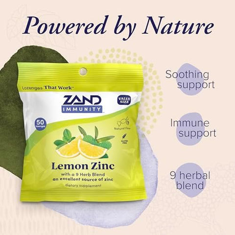 Zand Immunity Lemon Zinc Throat Lozenges 2 Pack - Good-For-You Dry Mouth Lozenges Immune Support Supplement W/Zinc 5Mg Eucalyptus Mullein Soothe A Dry Throat Natural Flavor Gluten 50Ct Ea