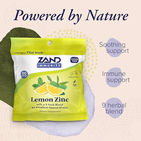 ZAND IMMUNITY Lemon Zinc Throat Lozenges GoodforYou Dry Mouth Lozenges Immune Support Supplement with Chelated Zinc 5mg Blend of 9 Herbs Soothe a Dry Throat Natural Flavor Gluten 50ct