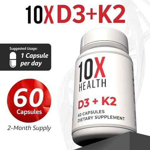 10X Health Vitamin D3 5000 IU and K2 MK7 Menaquinone 7 HighPotency D3 K2 Vitamin Supplement for Bone Health Heart and Teeth 125 mcg Vitamin D and 90 mcg Vitamin K260 Capsules
