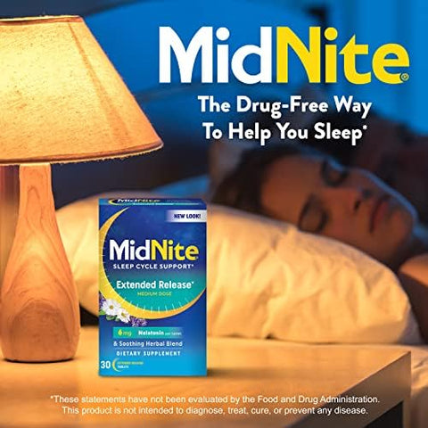 Midnite Extended Release Medium Dose 6 Mg Melatonin Sleep Aid Nonhabit Forming Herbal Dietary Supplement For Adults Drug Gluten Lactose Vegetarian Vegan 30 Tablets